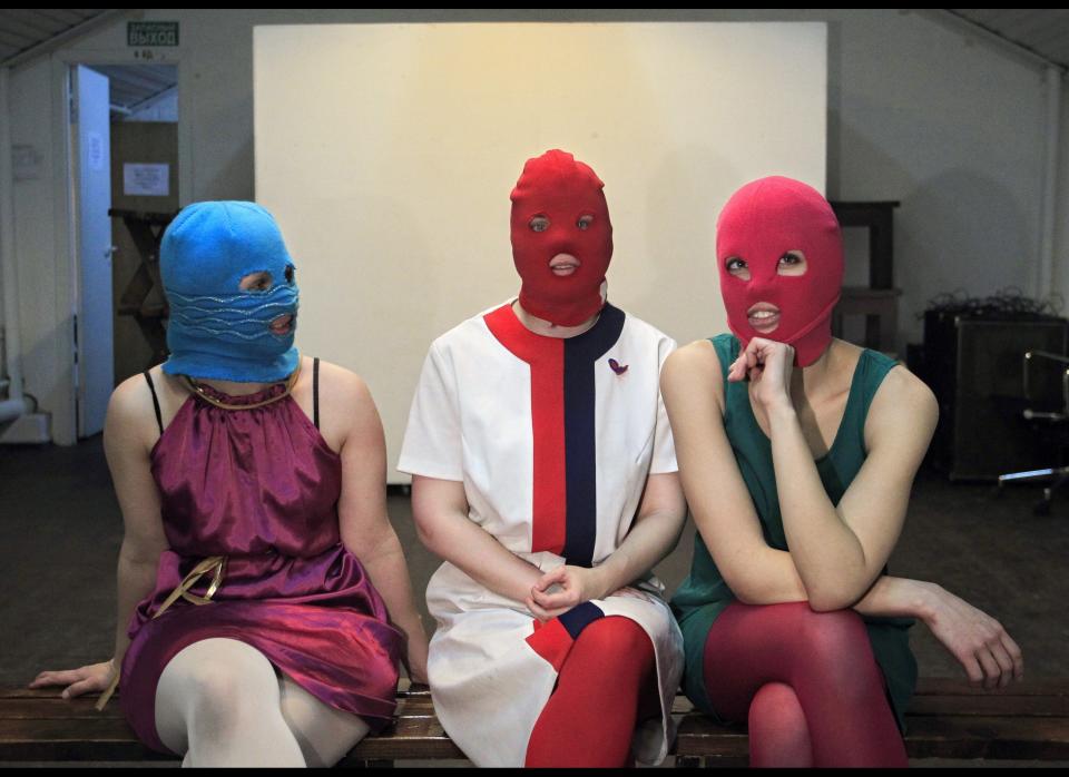 Members of Pussy Riot give an interview to the Associated Press in a break during their rehearsal in Moscow, Friday, Feb., 17, 2012. 