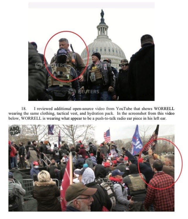 Photos show Christopher Worrell of East Naples, red circles, at the Jan. 6 Capitol riot.  The photos were included in an FBI statement of facts complaint a federal magistrate signed March 10, 2021. (Photos courtesy of the FBI)