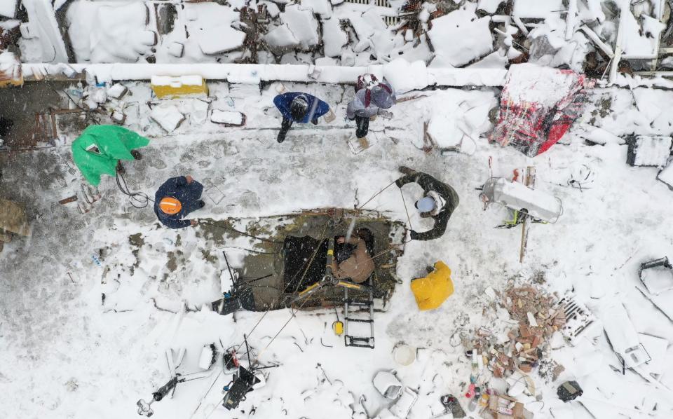 An aerial view of collapsed building as search and rescue efforts continue in Malatya after 7.7 and 7.6 magnitude earthquakes hit Kahramanmaras - Anadolu