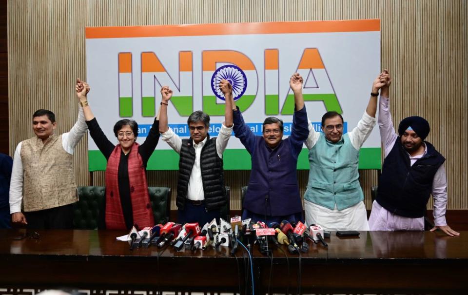 Leaders in the INDIA alliance hold a press conference at the Constitution Club to announce their pact for the upcoming Lok Sabha election, on February 24, 2024 in New Delhi, India.<span class="copyright">Vipin Kumar—Hindustan Times/Getty Images</span>