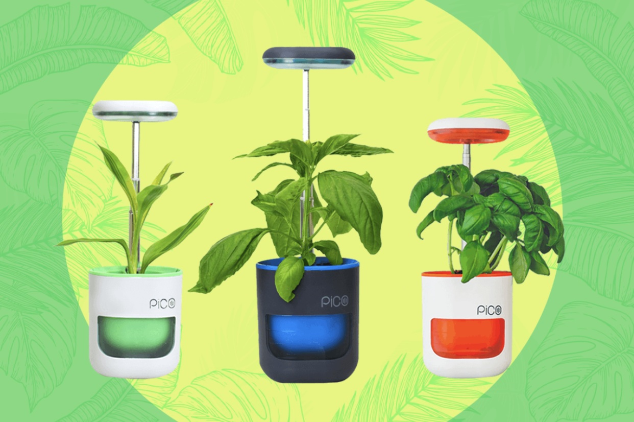 Three smart planters on colorful background