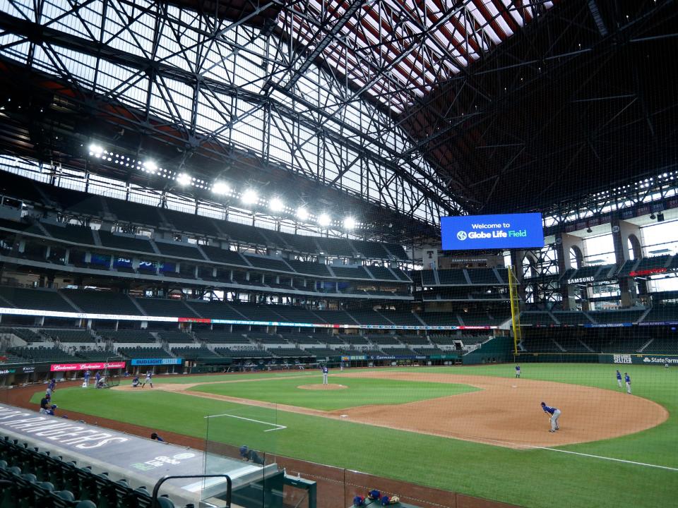 The Texas Rangers play an intrasquad game during baseball practice at Globe Life Field in Arlington, Texas, Friday, July 10, 2020. (AP Photo/Tony Gutierrez)