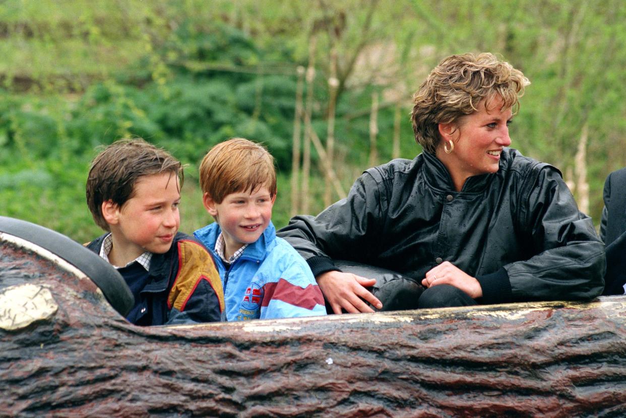 Diana Princess Of Wales, Prince William & Prince Harry Visit The 'Thorpe Park' Amusement Park. (Photo by Antony Jones/UK Press via Getty Images)