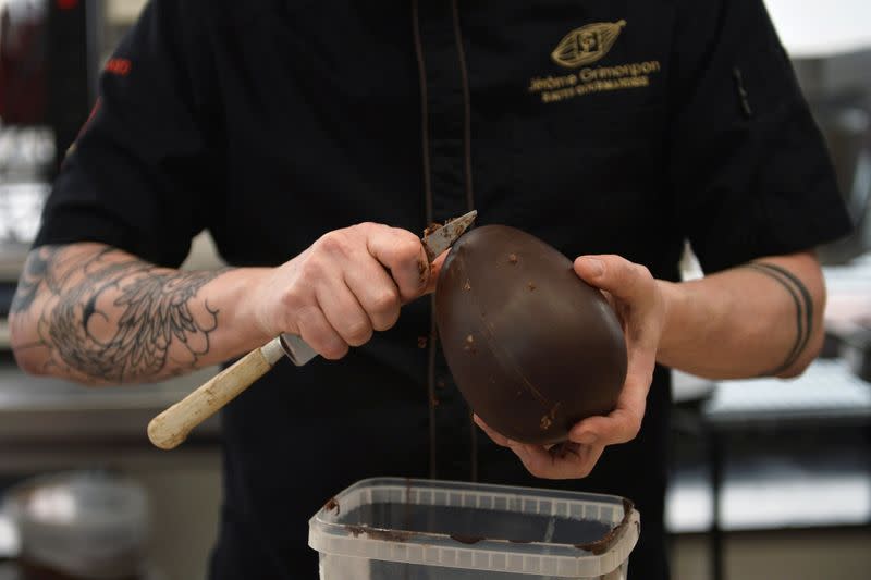 Jerome Grimonpon makes chocolate for Easter during the coronavirus lockdown imposed by the Belgian government