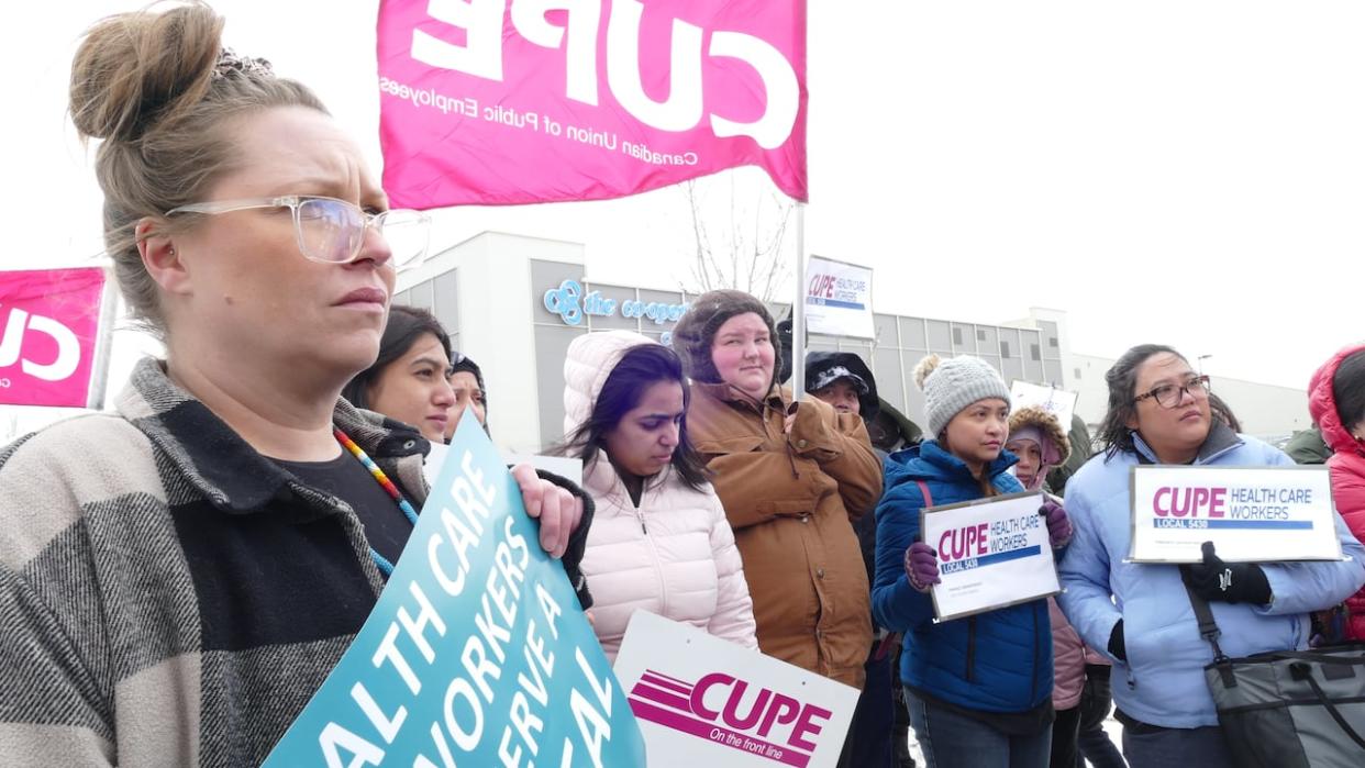 Thursday’s rally in Regina, organized by Canadian Union of Public Employees (CUPE), is the fourth in a series of strikes across Saskatchewan.  (Liam Avison/CBC - image credit)