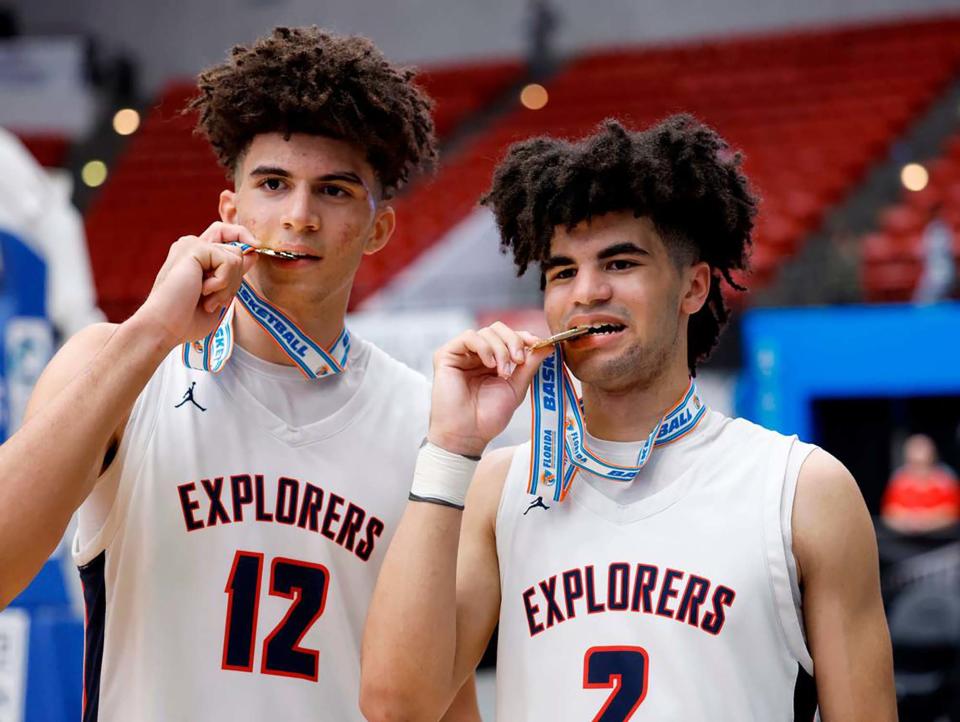 Cameron Boozer (L) and Cayden Boozer are two of many sons of NBA players hoping to make their own path to the league. (Al Diaz/Miami Herald/Tribune News Service via Getty Images)