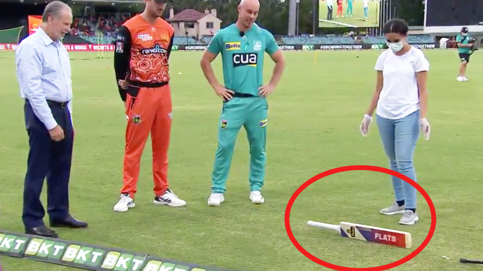 The bat flip lands on its side ahead of the Big Bash clash between the Perth Scorchers and Brisbane Heat.