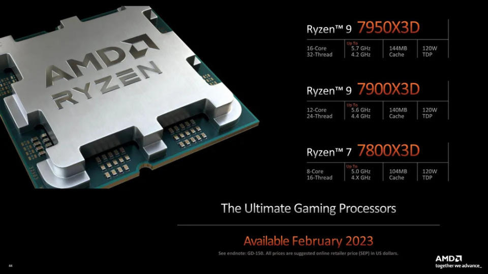 A família Ryzen 7000X3D vai quebrar a barreira dos 8 núcleos ao ser composta por 3 chips, incluindo o Ryzen 9 7950X3D de 16 núcleos (Imagem: AMD)