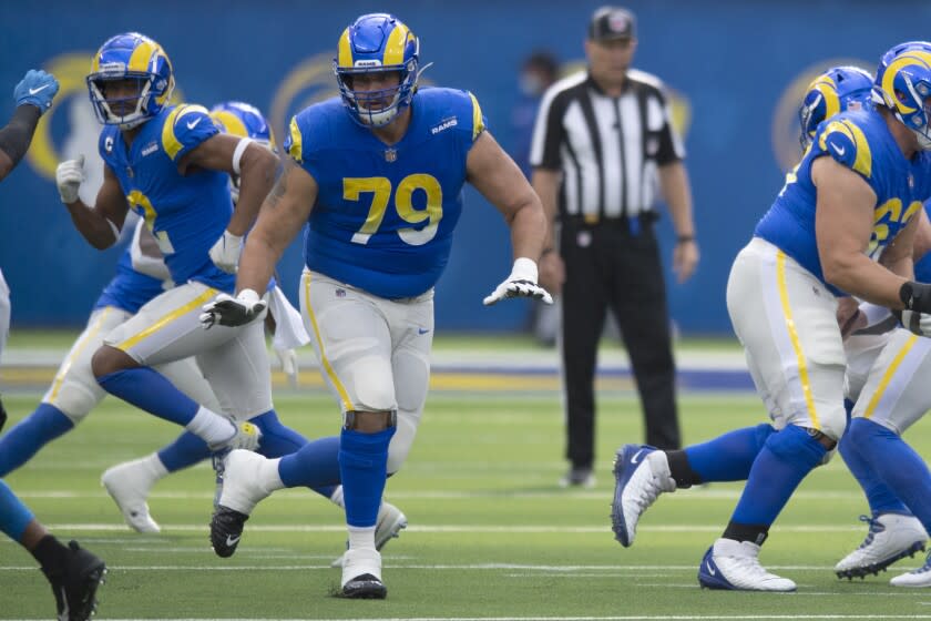 Los Angeles Rams offensive tackle Rob Havenstein (79) during an NFL Professional Football Game Sunday, Oct. 24, 2021, in Inglewood, Calif. (AP Photo/John McCoy)