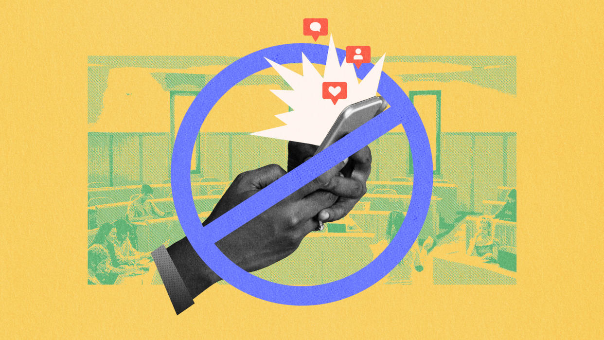 artistic graphic of hands holding a phone with notifications popping up over a classroom background, there's a cross out symbol over the hands and phone