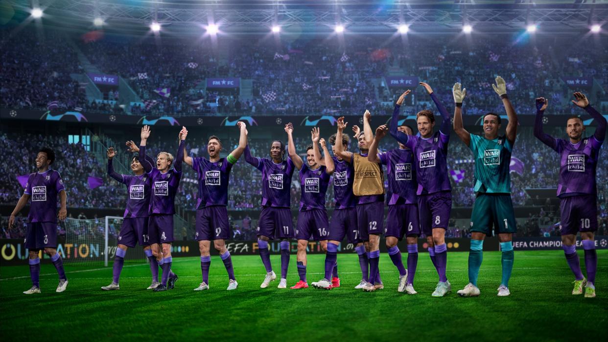  Key art for Football Manager 2023 showing a team celebrating. 