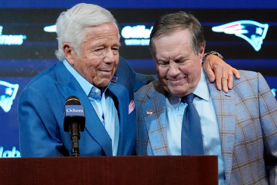 New England Patriots team owner Robert Kraft, left, and departing Patriots head coach Bill Belichick embrace during Thursday's news conference.