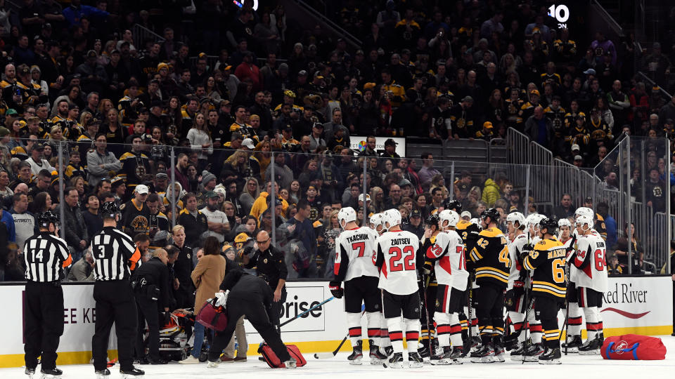 Ottawa Senators forward Scott Sabourin is expected to be released from hospital Sunday after suffering a gruesome injury against the Boston Bruins. (Brian Fluharty-USA TODAY Sports)