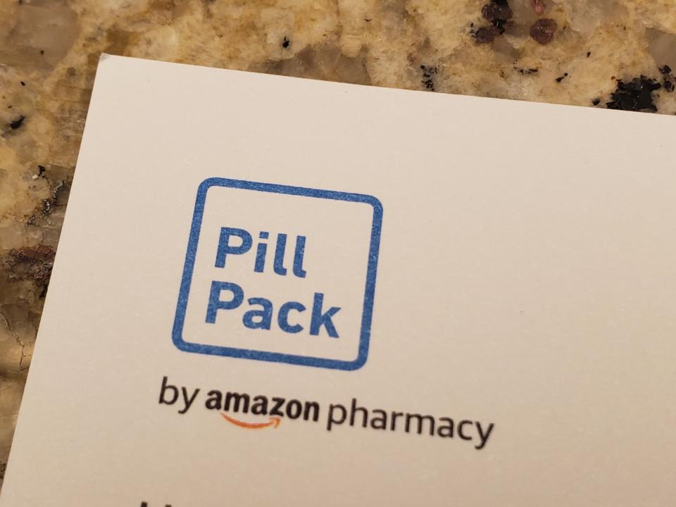 Close-up of logo for Pill Pack by Amazon Pharmacy on white paper, San Ramon, California, December 15, 2019. (Photo by Smith Collection/Gado/Getty Images)