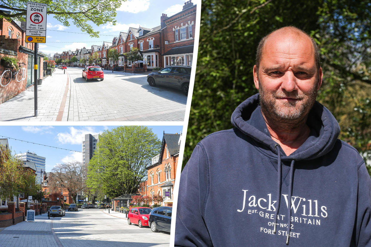 A collage of a man and a street in the UK