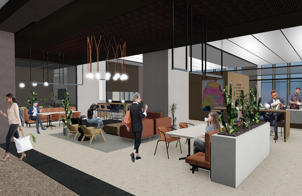 A rendering of the restaurant and cafe planned for the ground floor of the Financial Center.