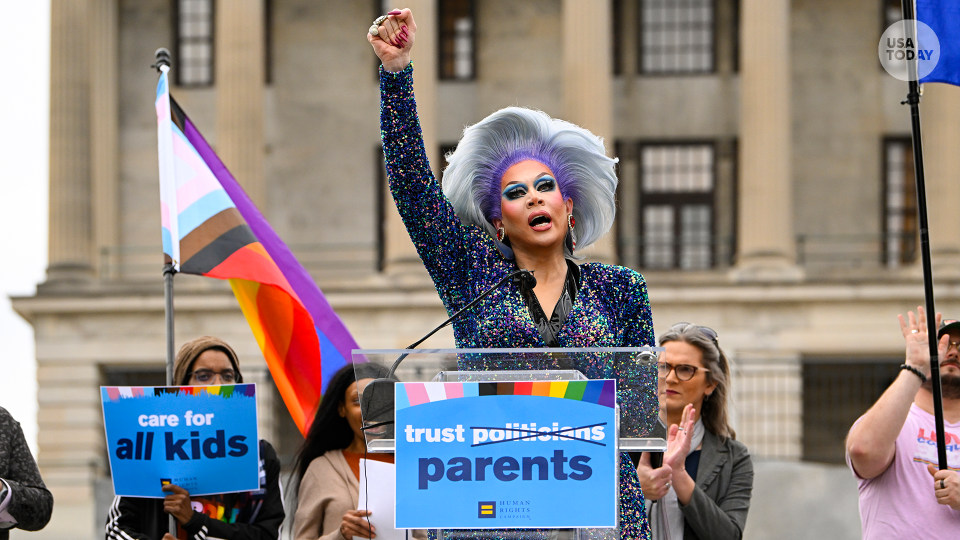 Drag artist Vidalia Anne Gentry speaks during a news conference held by the Human Rights Campaign to draw attention to anti-drag bills on Feb. 14, 2023, in Nashville, Tenn.