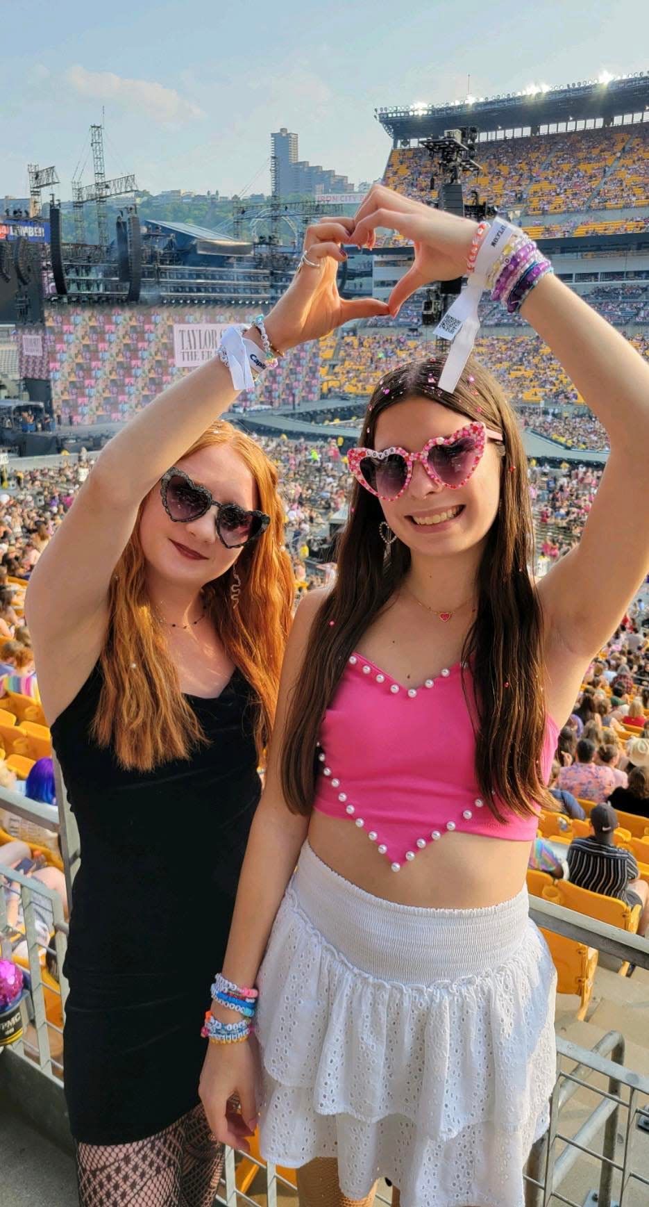 Skylie Mazey and Paige Balint pose for a photo at Acrisure Stadium in Pittsburgh prior to the June 17 Taylor Swift concert.