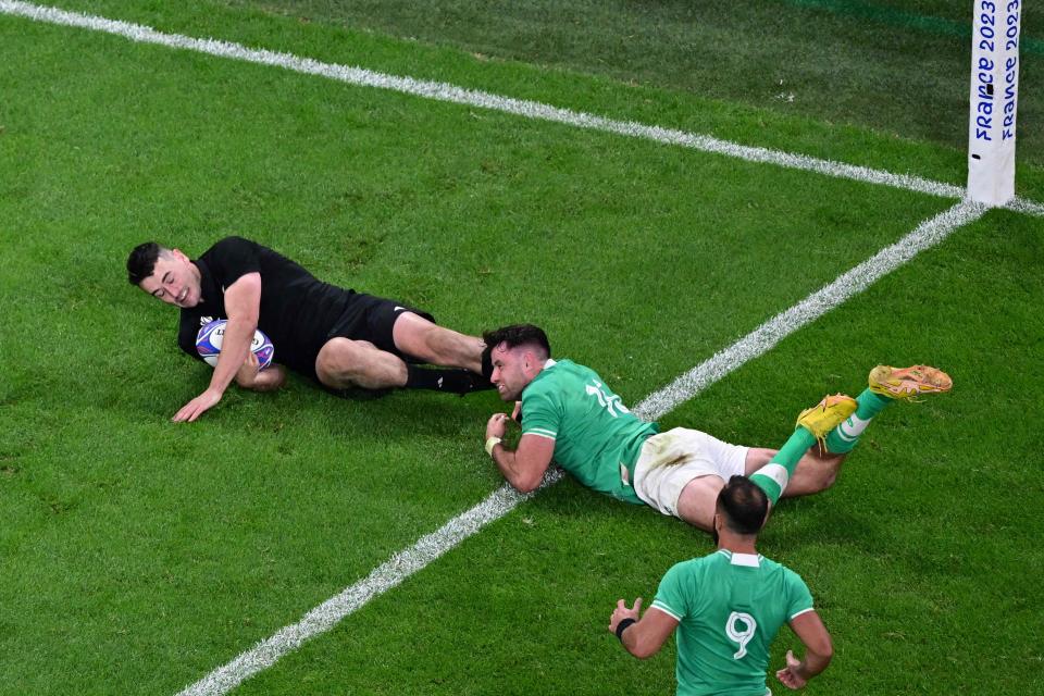 Will Jordan goes over for New Zealand’s second-half try (AFP via Getty Images)