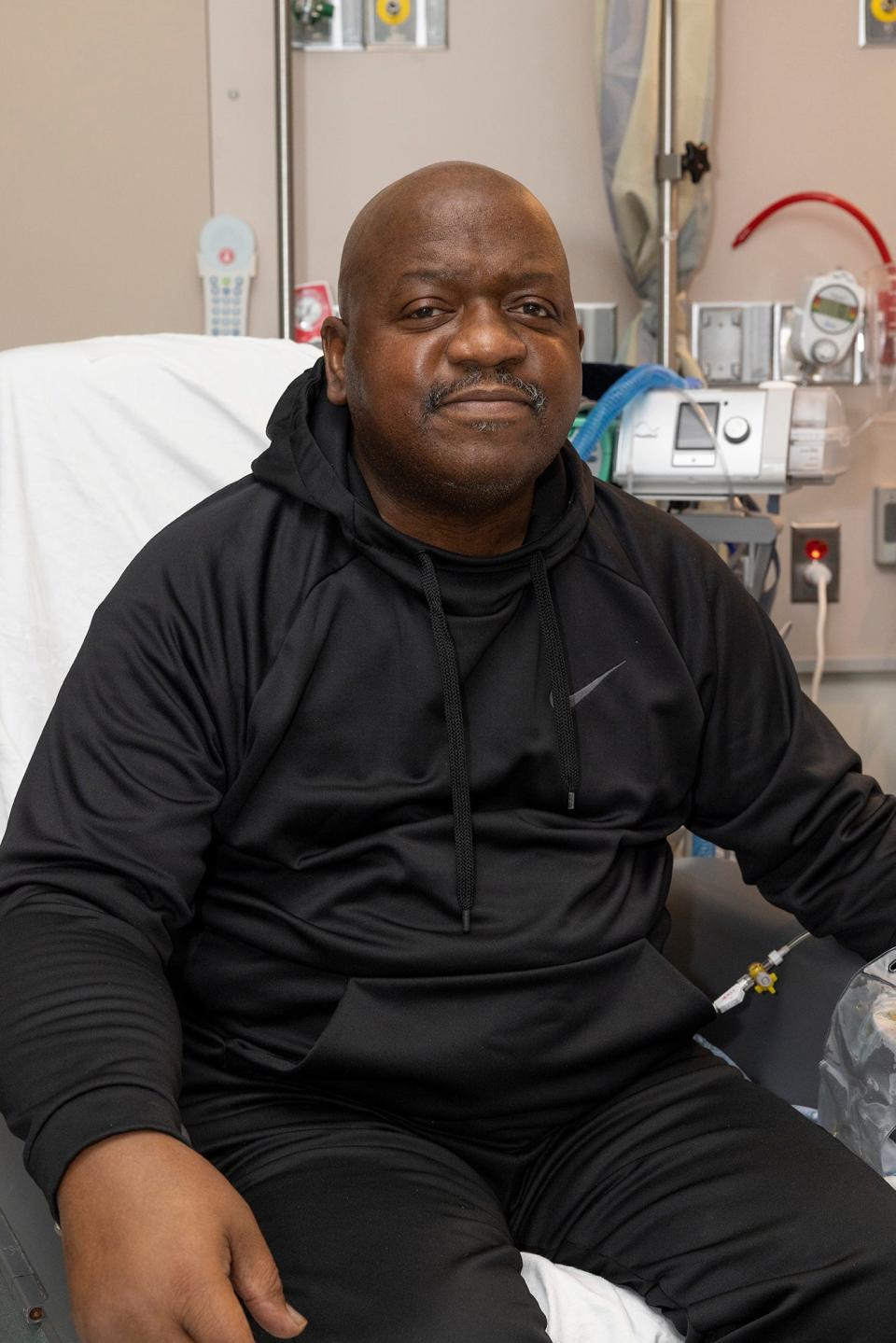 Rick Slayman, the first-ever human recipient of a pig kidney, in his hospital room at Massachusetts General Hospital before his discharge on April 3.