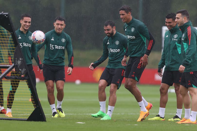 Raphael Varane of Manchester United in action during a first team training session at Carrington Training Ground on May 22, 2024