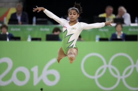 2016 Rio Olympics - Artistic Gymnastics - Preliminary - Women's Qualification - Subdivisions - Rio Olympic Arena - Rio de Janeiro, Brazil - 07/08/2016. Dipa Karmakar competes on the floor exercise during the women's qualifications. REUTERS/Damir Sagolj