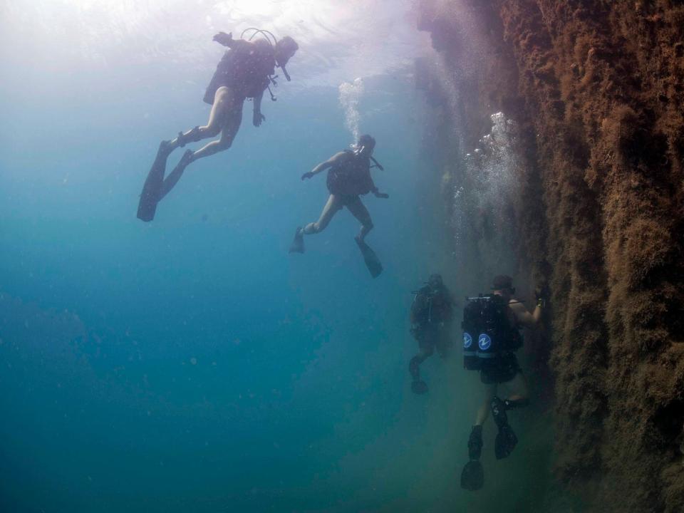 Members of the Royal Australian navy Clearance Diving Team observe as U.S. Navy Sailors assigned to Underwater Construction Team (UCT) 2 conduct a pier inspection in Apra Harbor, Guam,