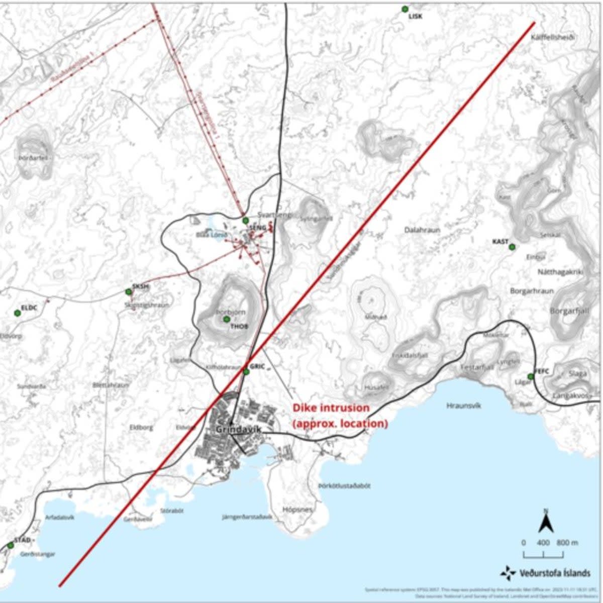 A danger zone has been defined based on the location of the magma tunnel (Icelandic Met Office)