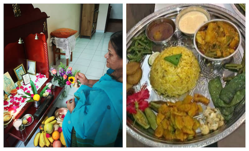 Prayers to deities are done in the morning of Noboborsho followed by a traditional dish such as pulao. — Picture by Swapna Das