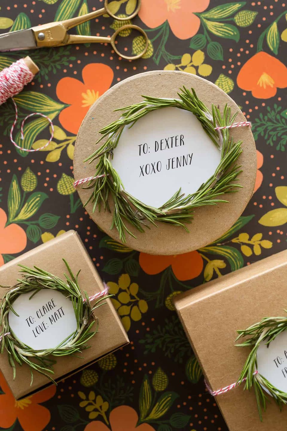 <p>Rosemary isn’t only for your kitchen! In this case, the herb makes for a pretty perfect gift topper too.<br></p><p><strong>Get the tutorial at <a href="https://www.spoonforkbacon.com/rosemary-wreath-gift-toppers/" rel="nofollow noopener" target="_blank" data-ylk="slk:Spoon Fork Bacon" class="link ">Spoon Fork Bacon</a>. </strong> </p>