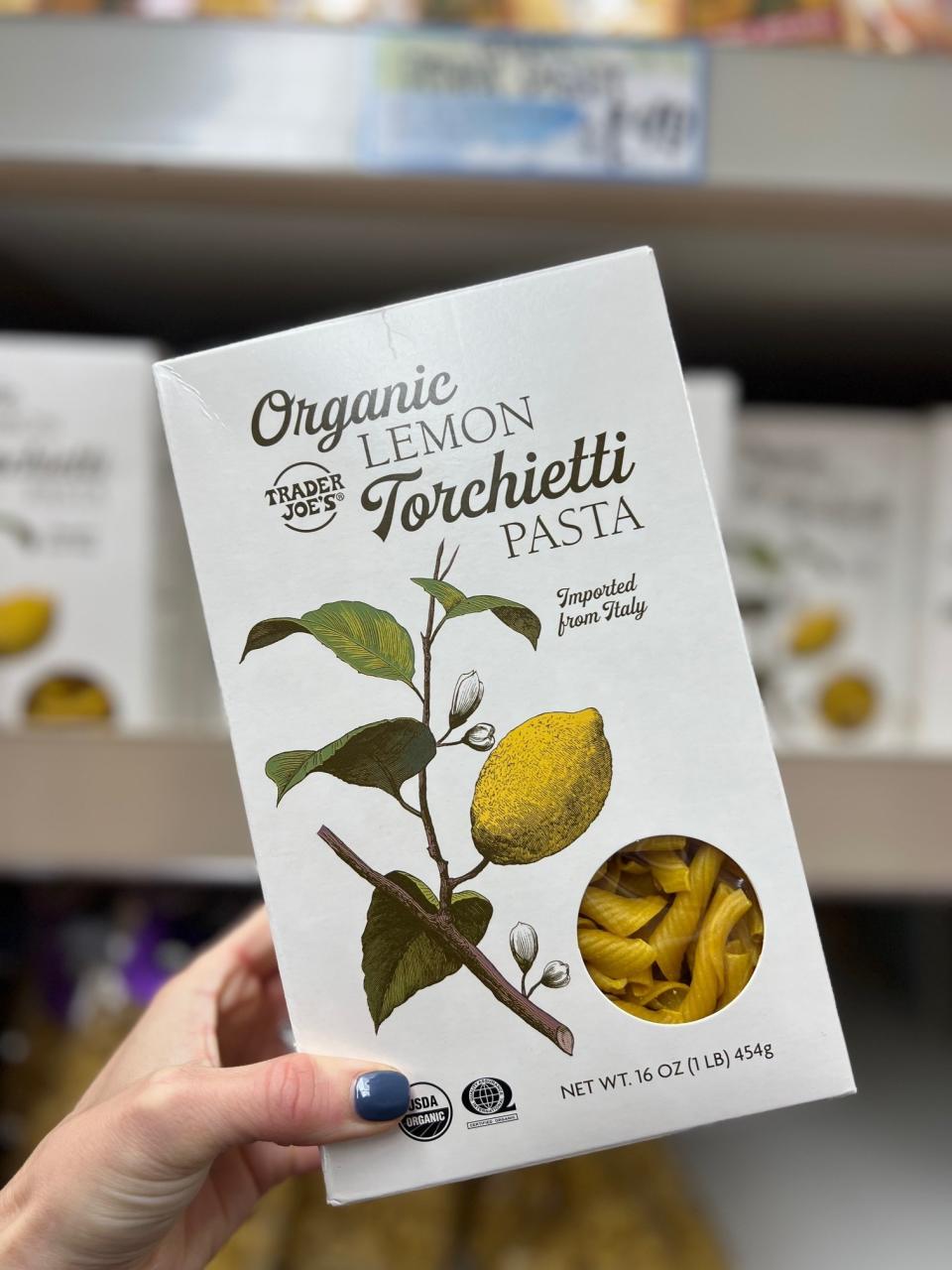 A box of Organic Lemon Torchietti Pasta