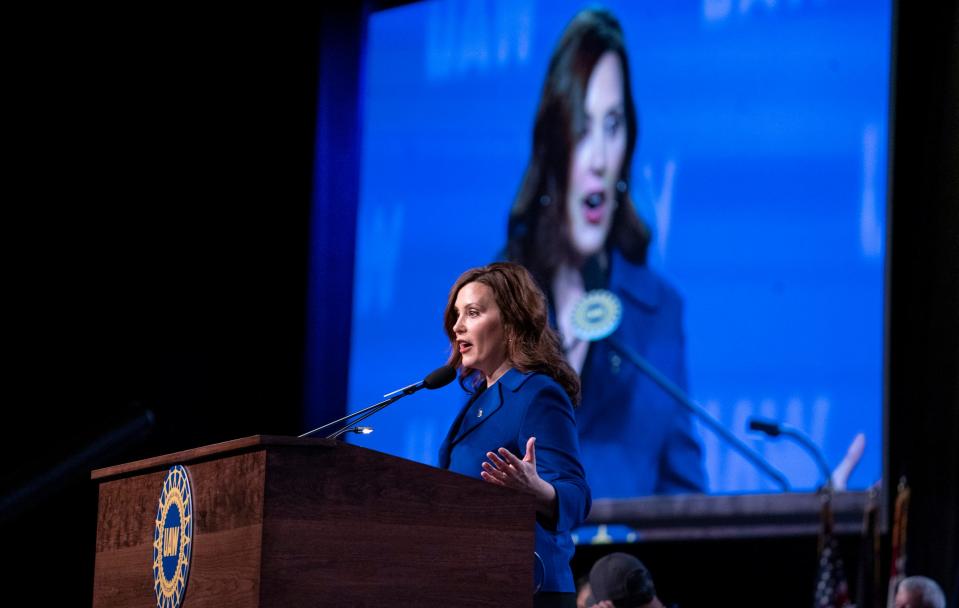 Michigan Gov. Gretchen Whitmer takes the stage at the UAW special bargaining convention at Huntington Place in Detroit, Tuesday, March 28, 2023.