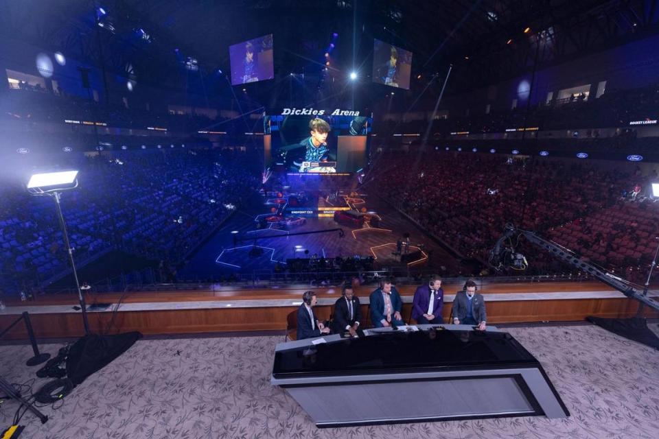 Esports commentators begin a broadcast during the Rocket League World Championships at the Dickies Arena on Friday, August 12, 2022, in Fort Worth, Texas.