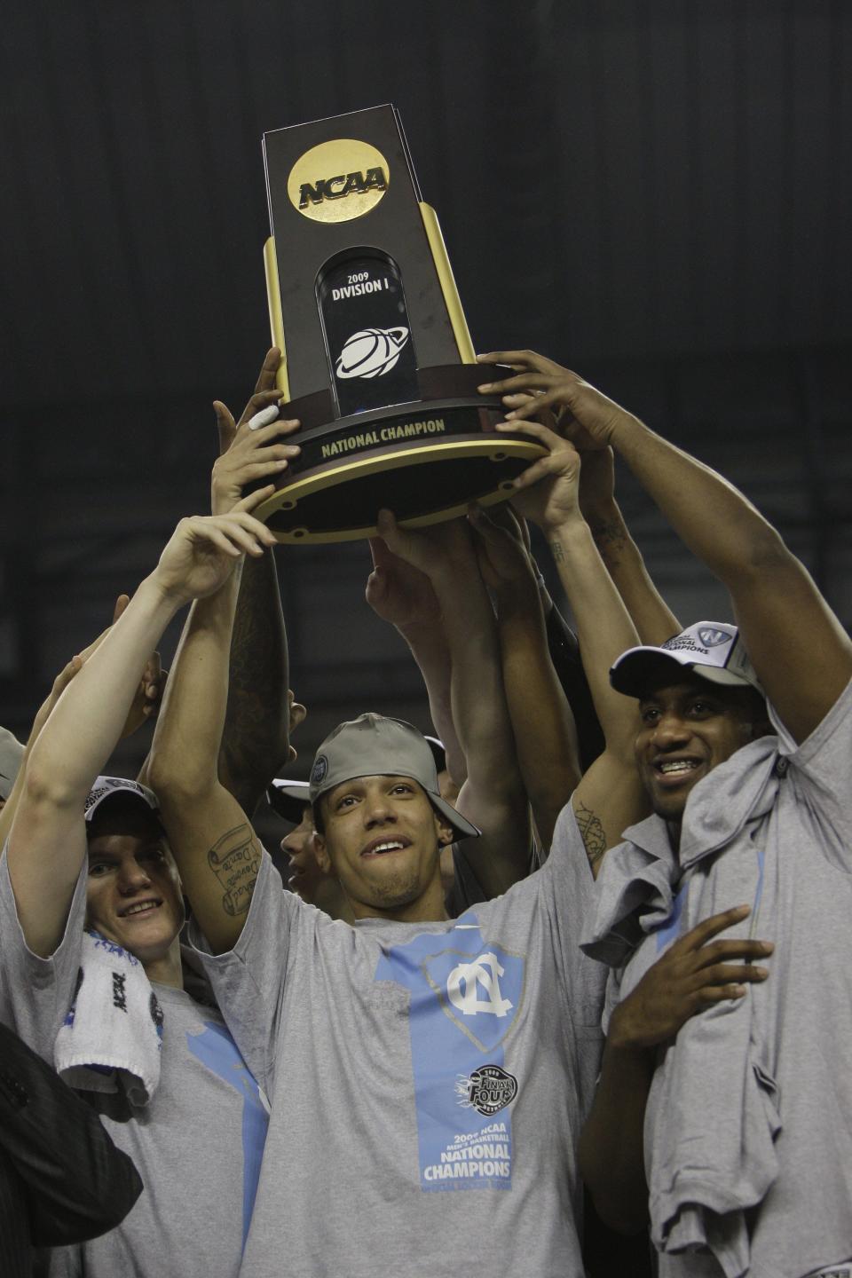 Danny Green holds the NCAA championship trophy after helping North Carolina beat Michigan State to capture the 2009 title.