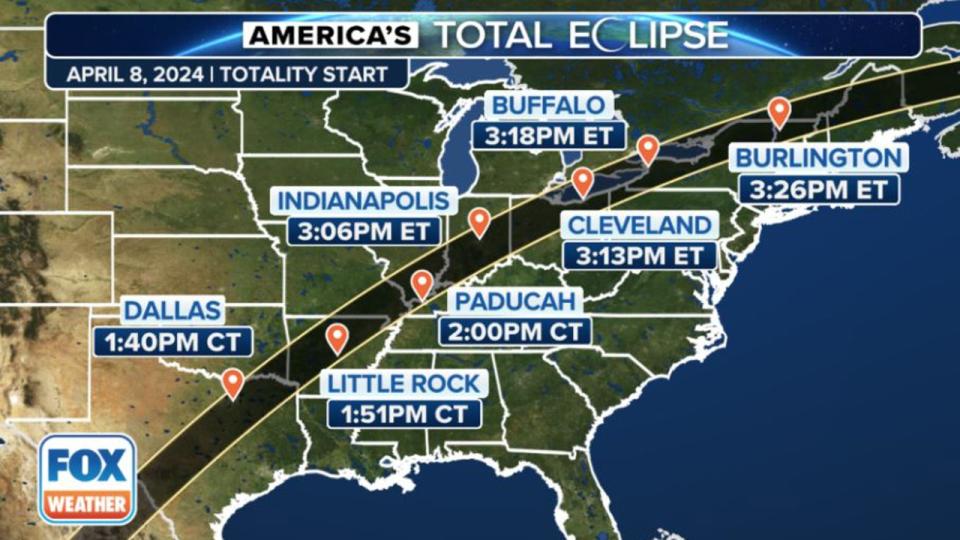 <div>A look at the totality start times during April 8th's total solar eclipse. (FOX Weather)</div>