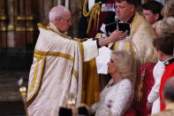 <p>LONDON, ENGLAND - MAY 06: Queen Camilla is crowned by Archbishop of Canterbury Justin Welby during her coronation ceremony in Westminster Abbey, on May 6, 2023 in London, England. The Coronation of Charles III and his wife, Camilla, as King and Queen of the United Kingdom of Great Britain and Northern Ireland, and the other Commonwealth realms takes place at Westminster Abbey today. Charles acceded to the throne on 8 September 2022, upon the death of his mother, Elizabeth II. (Photo by Richard Pohle - WPA Pool/Getty Images)</p> 