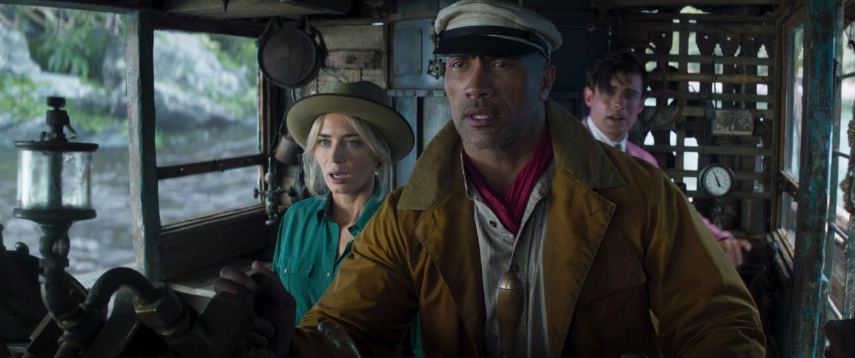 Frank Wolff (Dwayne Johnson, center) takes Lily (Emily Blunt) and MacGregor (Jack Whitehall) on one heck of a ride in Disney's "Jungle Cruise."