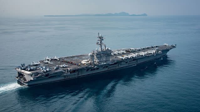 Aircraft carrier USS Carl Vinson transits the Sunda Strait in Indonesia on Friday. Source: US Navy/AFP