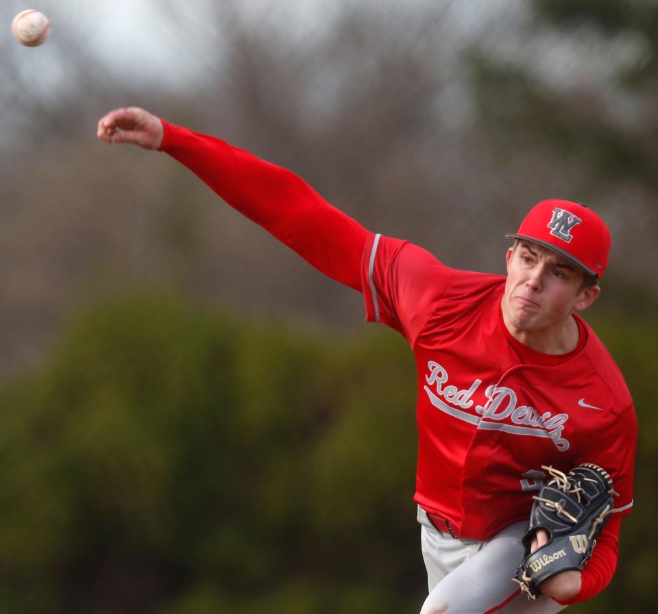 West Lafayette Red Devils Evan Cooke (9) pitches the ball during the IHSAA baseball game against the McCutcheon Mavericks, Thursday, April 6, 2023, at the McCutcheon High School in Lafayette, Ind. 