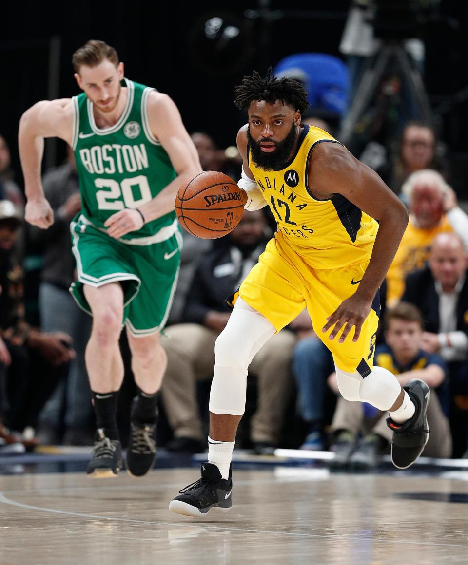 Indiana Pacers guard Tyreke Evans (12) starts the fast break in the first half of their game at Bankers Life Fieldhouse on Friday, April 19, 2019.
