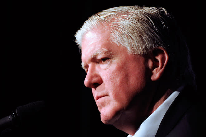 MONTREAL, CANADA - MARCH 3:  Toronto Maple Leafs General Manager Brian Burke speaks to the media during a press conference to introduce new head coach Randy Carlyle at the Bell Centre on March 3, 2012 in Montreal, Quebec, Canada.  (Photo by Richard Wolowicz/Getty Images)