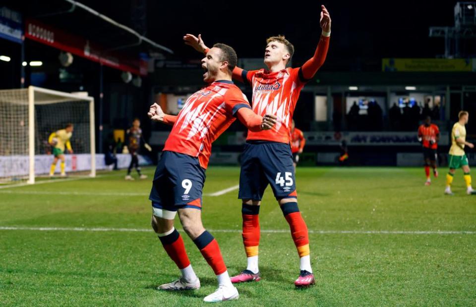 Carlton Morris celebrates after scoring the only goal of the game for Luton at home to Bristol City in March 2023