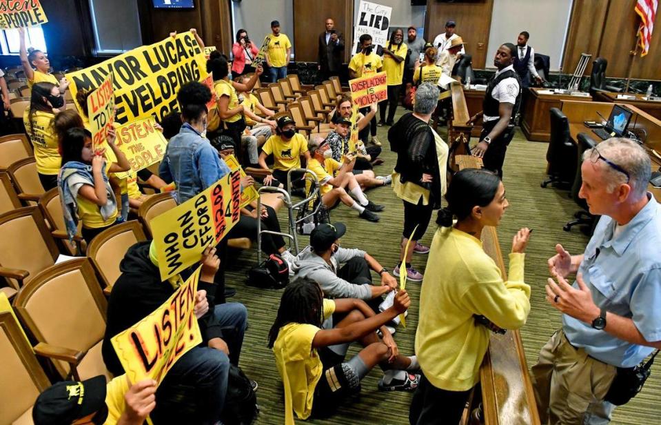 Members of KC Tenants disrupted a City council meeting Thursday afternoon at City Hall. The protesters began shouting as city council members debated legislation on affordable housing. About 50 members of the city wide tenant union were on hand to protest the passing of housing legislation despite tenants showing strong opposition to the current definition of affordability.