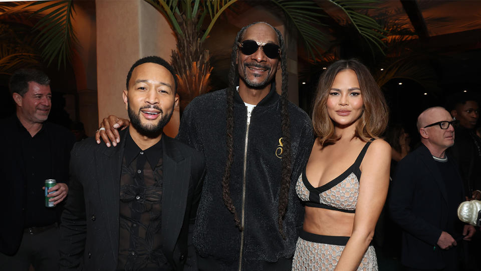 John Legend, Snoop Dogg and Chrissy Teigen attend WME’s pre-Oscar party at the Hearst Estate in Beverly Hills on March 8, 2024.