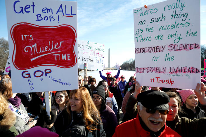<p>People participate in the second annual Women’s March in Washington, Jan. 20, 2018. (Photo: Aaron Bernstein/Reuters) </p>