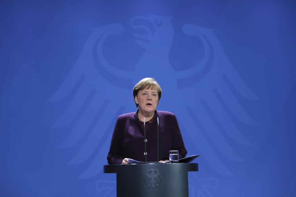 German Chancellor Angela Merkel speaks during a news conference about the novel coronavirus outbreak and the German government measure to curb it at the chancellery in Berlin, Germany, Monday, March 16, 2020. For most people, the new coronavirus causes only mild or moderate symptoms, such as fever and cough. For some, especially older adults and people with existing health problems, it can cause more severe illness, including pneumonia.(AP Photo/Markus Schreiber, Pool)