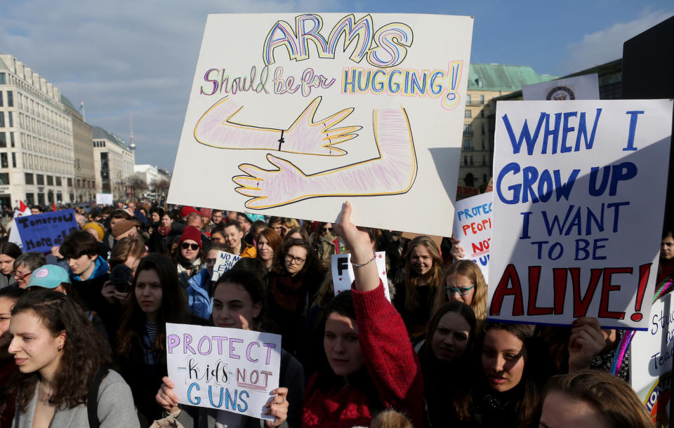 <p>Demonstrators protest at the March for our Lives demonstration in Berlin. (Photo: Adam Berry/Getty Images) </p>