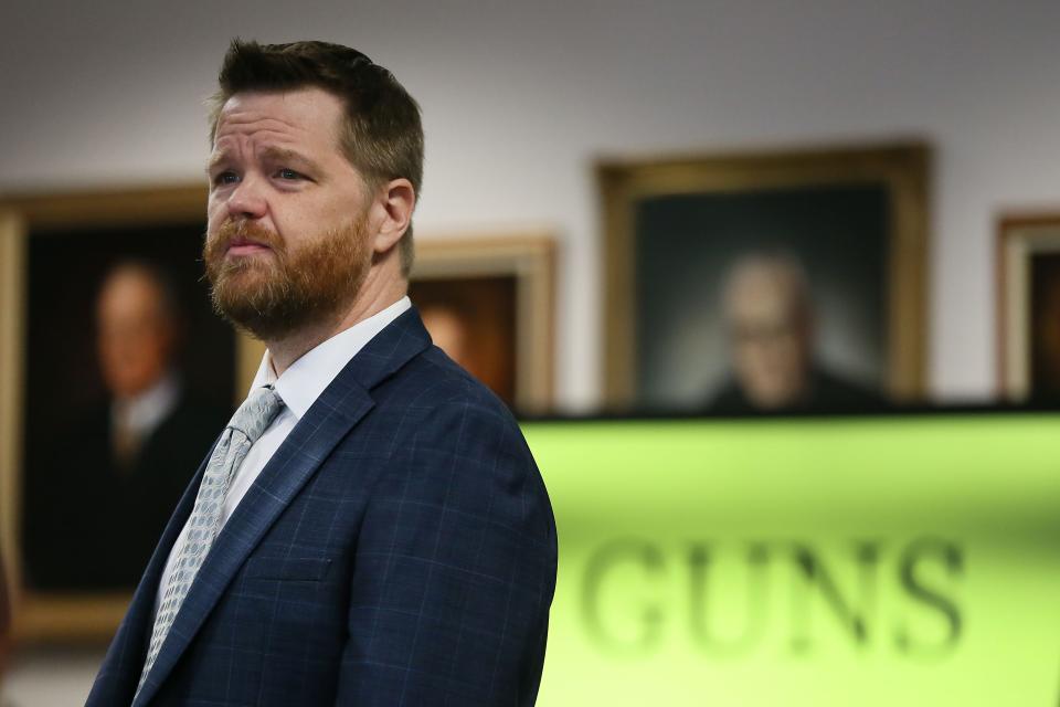 Mark Bankston, lawyer for Neil Heslin and Scarlett Lewis, parents of Sandy Hook shooting victim Jesse Lewis, gives an opening statement during the trial against Alex Jones on Tuesday at the Travis County Courthouse in Texas. Jones has been found to have defamed the parents of a Sandy Hook student for calling the attack a hoax.