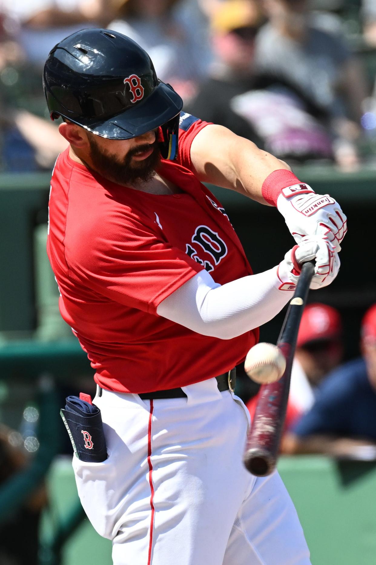 Red Sox catcher Connor Wong fouls off a pitch in the second inning against the Atlanta Braves at JetBlue Park on March 7.