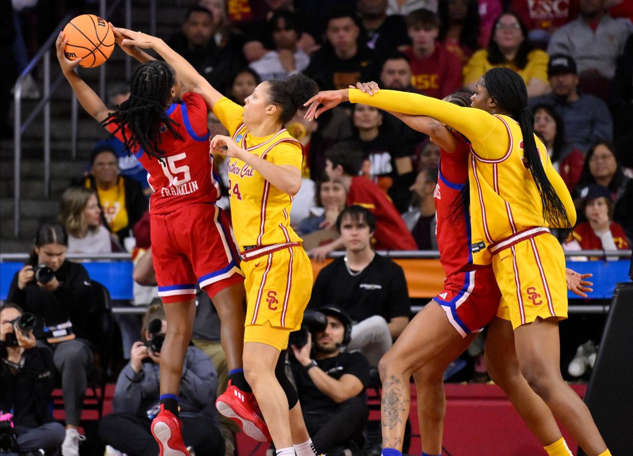 USC Trojans forward Kaitlyn Davis (24) tries to block a shot by USC Trojans forward Kaitlyn Davis (24) during an NCAA Women’s Tournament 2nd round game in Los Angeles, California.